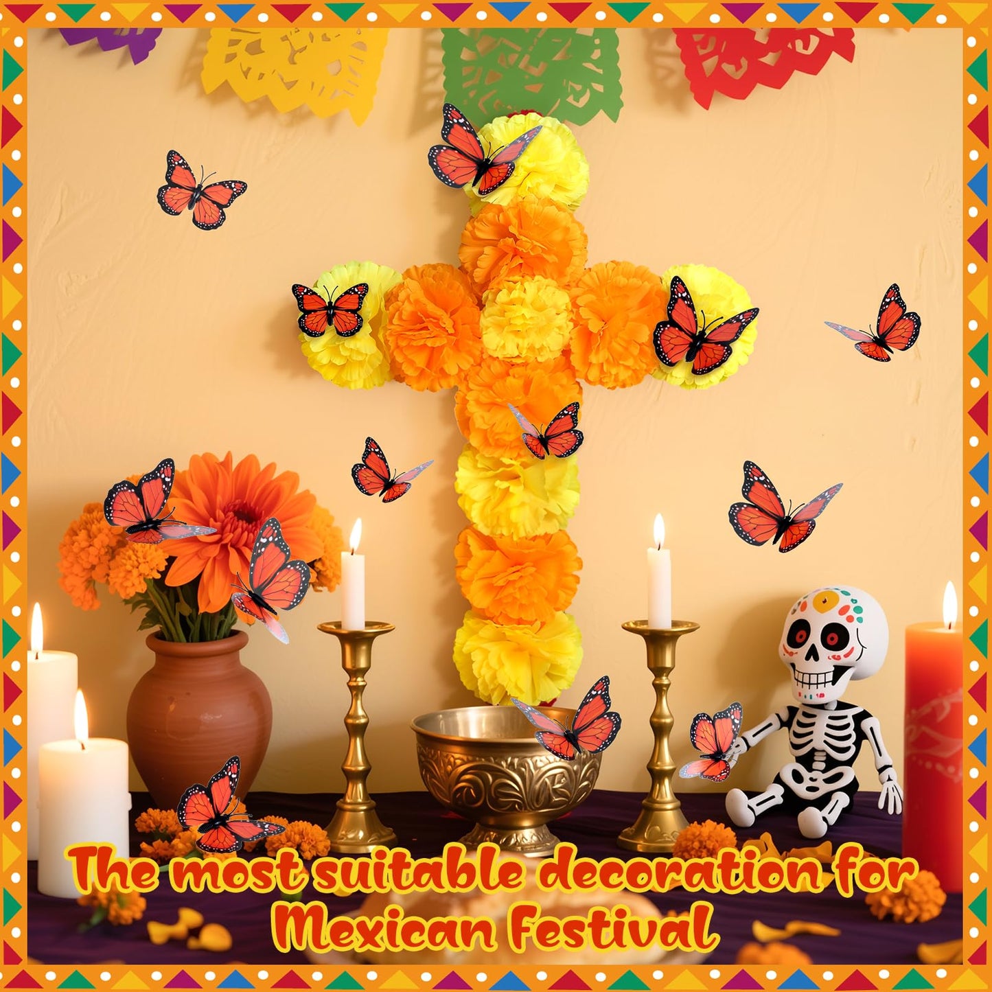 Ofrenda Decorations for Altar 17 x 13 Dia De Los Muertos Decorations Day of the Dead Decoration Marigold Mexican Cross with Artificial Butterflies Wall Decor Sign for Dia De Los Muertos Diwali