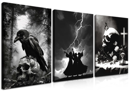 Framed Dark Gothic Canvas Wall Art Set of 3, Creepy Witchy Halloween Wall Decor Paintings, Crow and Skull Goth Aesthetic Posters Prints for Living Room Bedroom Bathroom Home Decor 12x16In