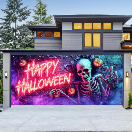 HOMETITUTE Halloween Garage Door Banner 13x6ft Neon Skeleton Decor Happy Halloween Sign Pumpkin Lantern Brick Wall Spider Web Spooky Party Decorations Creepy Backdrop Indoor Outdoor