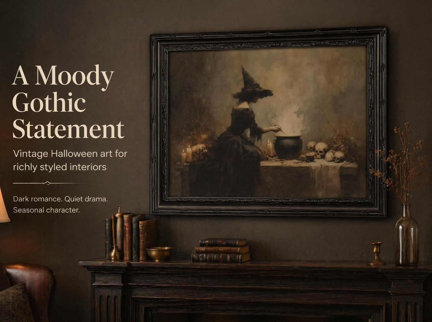KKP Black Framed Vintage Witch Stirring Cauldron Skull Candle Wall Art