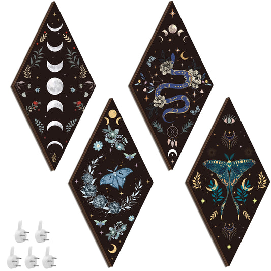 Romart Moon Phase Wall Decor: 4 Pieces Boho Moon Phases Moth Wall Art Wooden Gothic Witchy Hanging Wall Decor Minimalist Wall Pediments for Bedroom Living Room Home Decorations