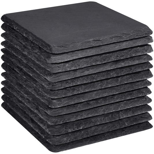 Slate Coasters Set 12, MAPRIAL 4 Inch Square Rustic Black Stone Coasters for Drinks with Anti-Scratch Backing for Halloween, Bar, Kitchen, Housewarming Gifts, Home Decor