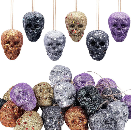 Sfcddtlg 18 Pcs Halloween Mini Glitter Hanging Skull Heads- Colorful Foam Hanging Skeleton Head Decoration- Hanging Ornament for Halloween Party and Xmas Tree Supplies