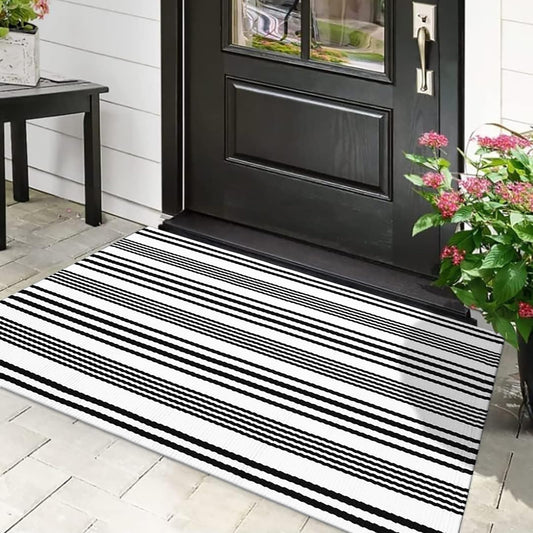 Black and White Striped Outdoor Rug, 27.5"x43" Cotton Modern Hand-Woven Reversible Front Porch Door Mat Welcome Layered Doormat Washable Doorway Carpet for Farmhouse Kitchen Laundry Room