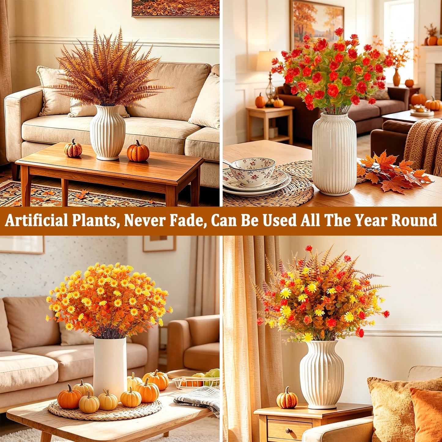 TURNMEON 12 Bundles Artificial Fall Flowers for Outdoors Fall Decorations, UV Resistant Fake Mums Faux Fall Plants Plastic Orange Boston Fern Eucalyptus Home Garden Porch Autumn Thanksgiving Decor