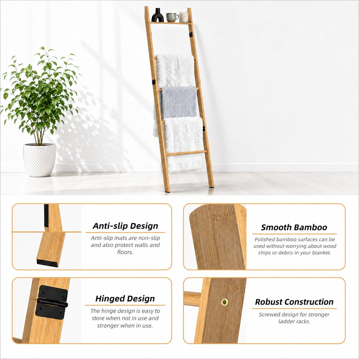 Plusinthebox 6 Tier Blanket Ladder with Shelf, Wooden Blanket Rack for Living Room, Leaning Towel Ladder Rack for Bedroom, Bathroom, Quilts, Throws, Towels and Farmhouse Décor
