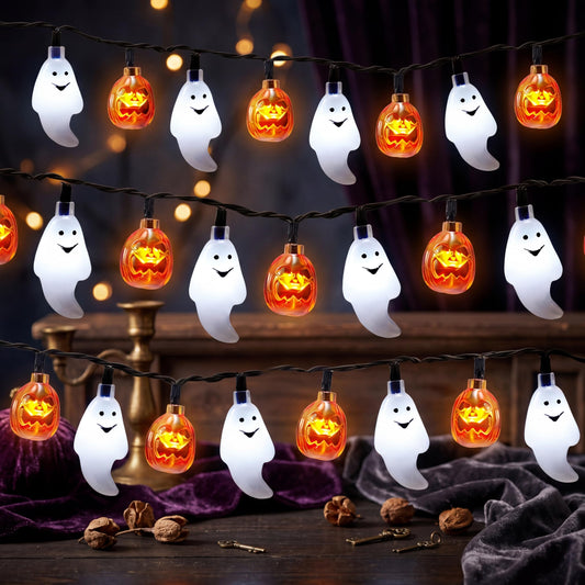 JOYIN Halloween String Lights Decorations, 19.7FT 30 LED Battery Operated Ghost Pumpkin 3D String Light with 8 Lighting Modes for Home Indoor Outdoor Halloween Party Decor(Orange/White Color)