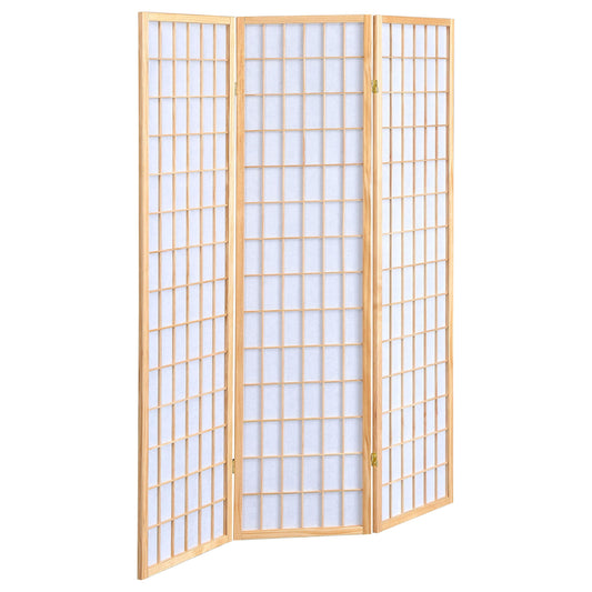 Coaster Home Furnishings - Carrie - Solid Wood - 3-Panel Folding Shoji Screen Room Divider with Linear Grid Design, Metal Hinges and Freestanding Piece - Living Room - Natural Brown - 4621