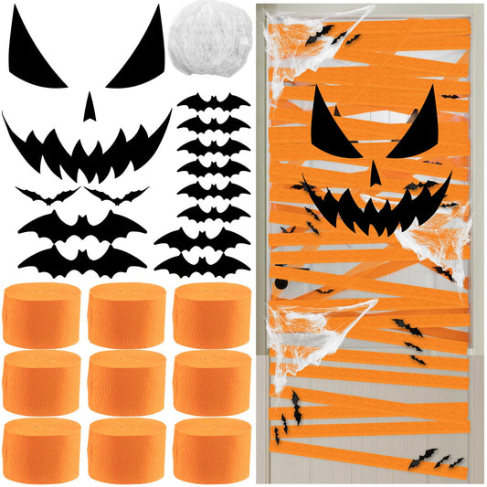 SATINIOR 23pcs Halloween Mummy Door Cover Decorations with Pumpkin Face 3D Bat Stickers Orange Crepe Paper Streamers Halloween Party Supplies Front Door Indoor Outdoor Home Yard Decor