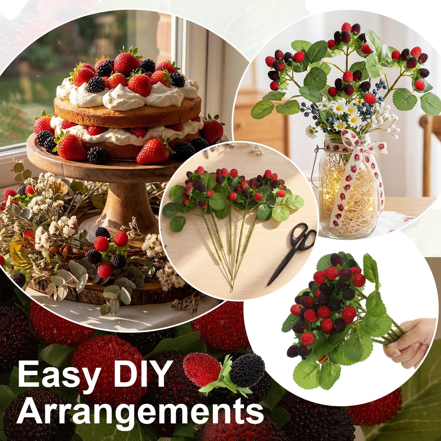 Hoteam 5 Pcs Artificial Raspberries Stems 11'' Fake Redberry Branches Faux Fruit Black Berry Picks for Home Kitchen Decor Floral Arrangements and Holiday Table Centerpieces (Red with Black)