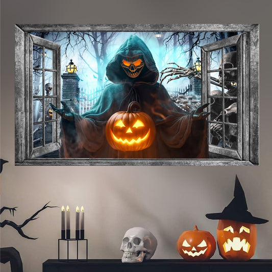 Halloween Wall Decor Halloween Decals 3D Fake Window Wall Decal Peel and Stick Grim Reaper Pumpkins Skeleton Wall Art Murals Halloweens Decoration for Living Room Bedroom Haunted House Party Supplies
