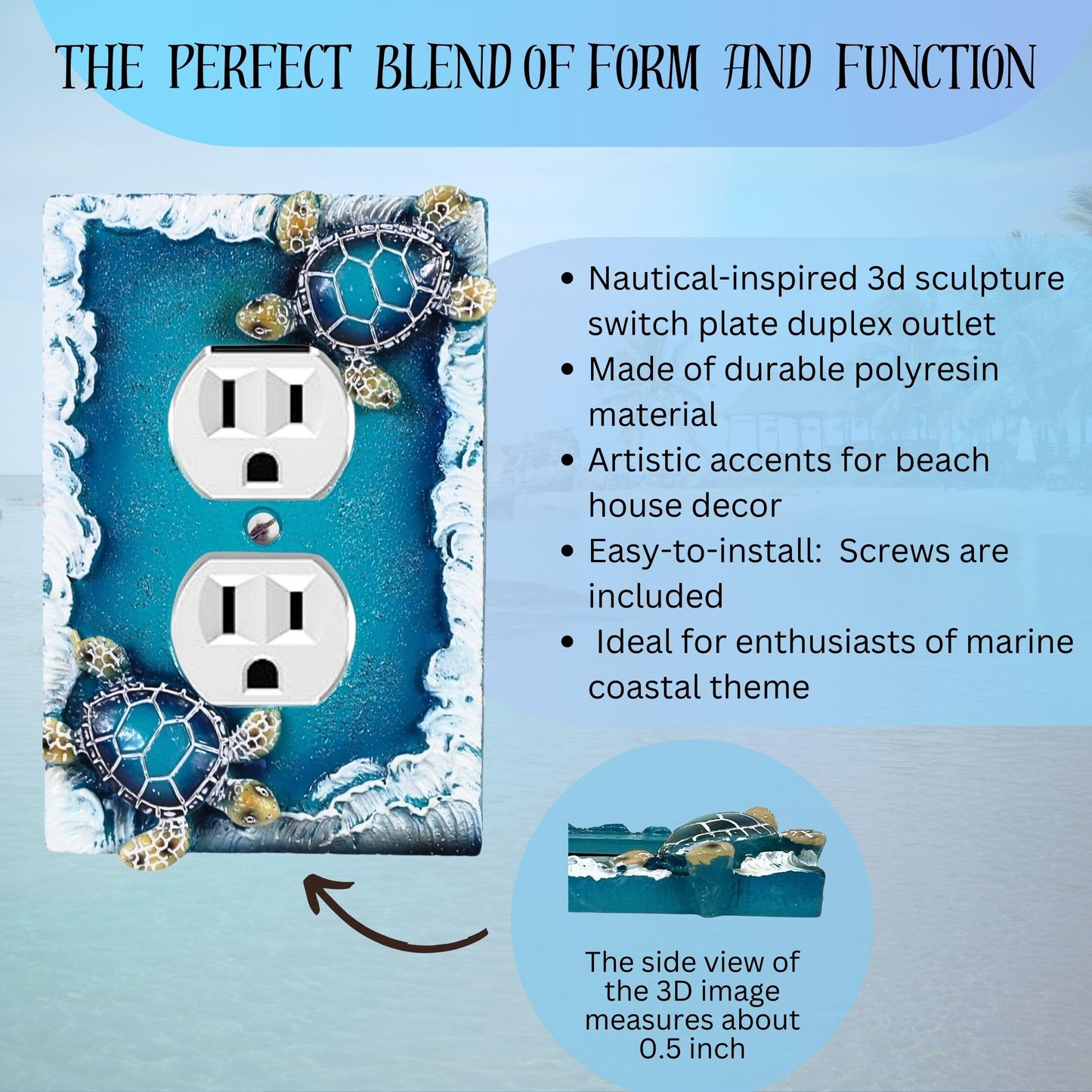 Nautical Duplex Outlet Receptacle (1 Gang) Wall Plate with Sea Turtle and Ocean Waves Design, Coastal Home Décor and Beach Theme Outlet Cover