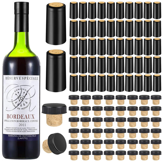 Blulu 100 Pack Wine Sealer for Wine Bottles, 50 Pcs Cork Stoppers and 50 Pcs PVC Heat Shrink Capsules Bottle Resealer Kit for Cruise Home Cellars Wedding Christmas Party(Gold, Black)