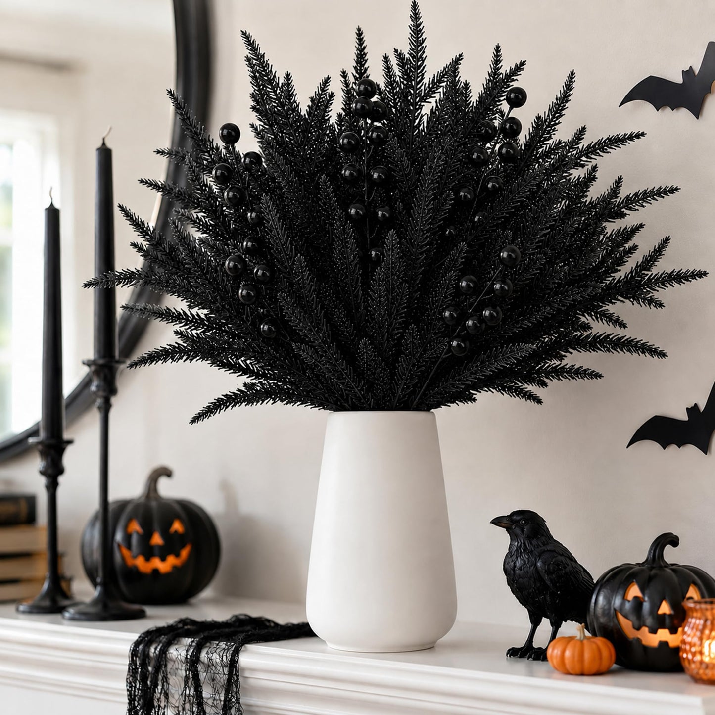 Watayo 45 Pcs Halloween Artificial Tree Branches Set, Black Norfolk Pine with Berry Picks, Halloween Fake Stems Centerpiece for Vase Garland Table Party Decor