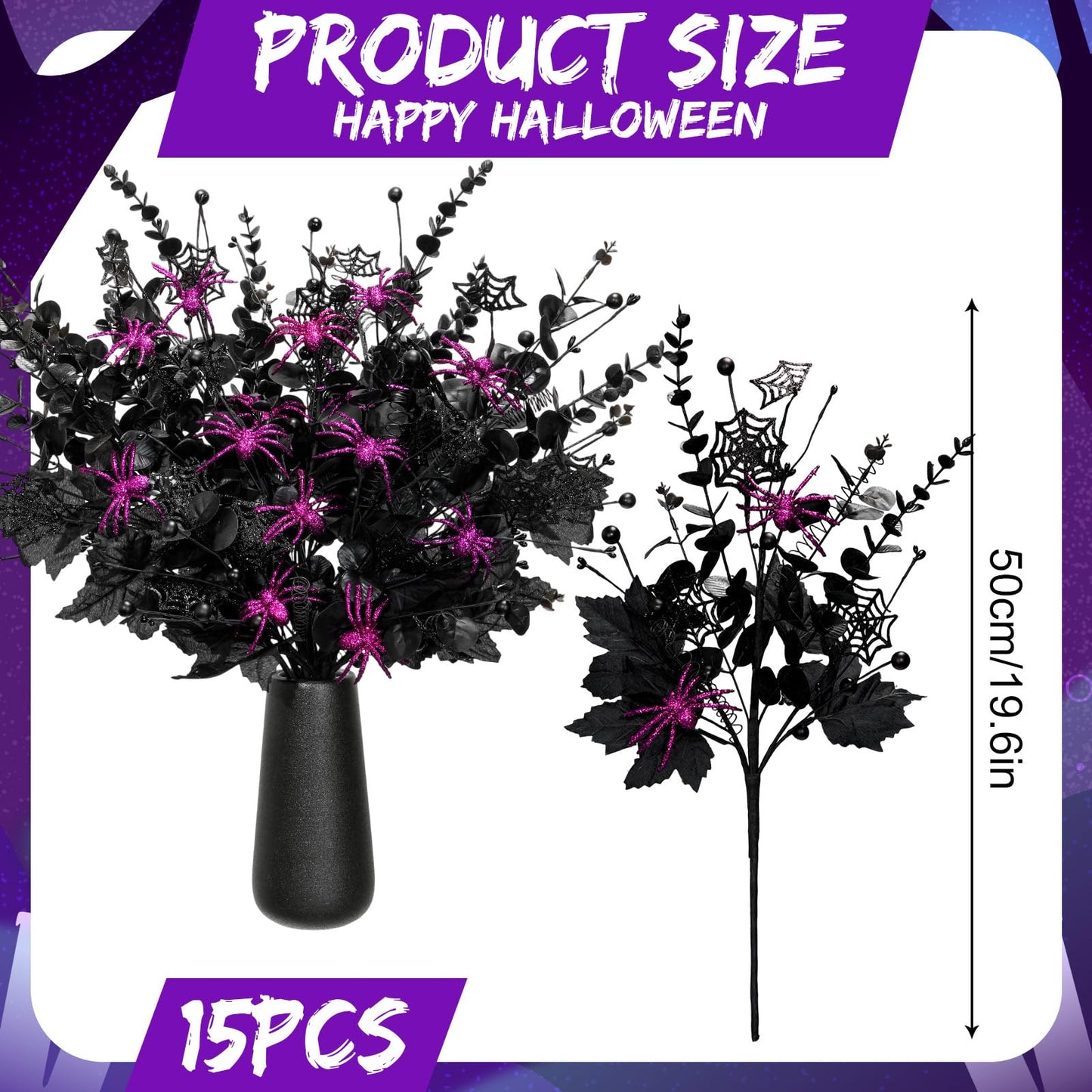 Giegxin 15 Pcs Halloween Floral Picks Halloween Decorations 19.5inch Black Artificial Flowers Branches Eucalyptus Stems Glitter Spiderweb Maple Leaf Stems for Home Indoor Party Vase Arrangement Decor