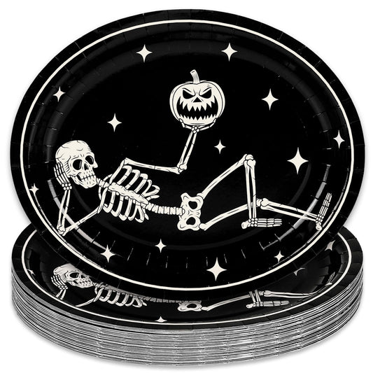 JarThenaAMCS 50Pcs Halloween Oval Paper Plates 10" x 12" Large Black White Skeleton Pumpkin Disposable Plates Spooky Platters for Halloween Holiday Party Tableware Supplies