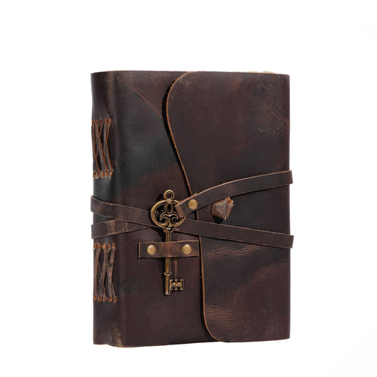 Leather Journal with Deckle Edge Paper 8x6 inch and Vintage Key | Handmade Writing Notebook Diary | Bound Daily Notepad for Men & Women Medium, Sketch/Writing pad for Artists