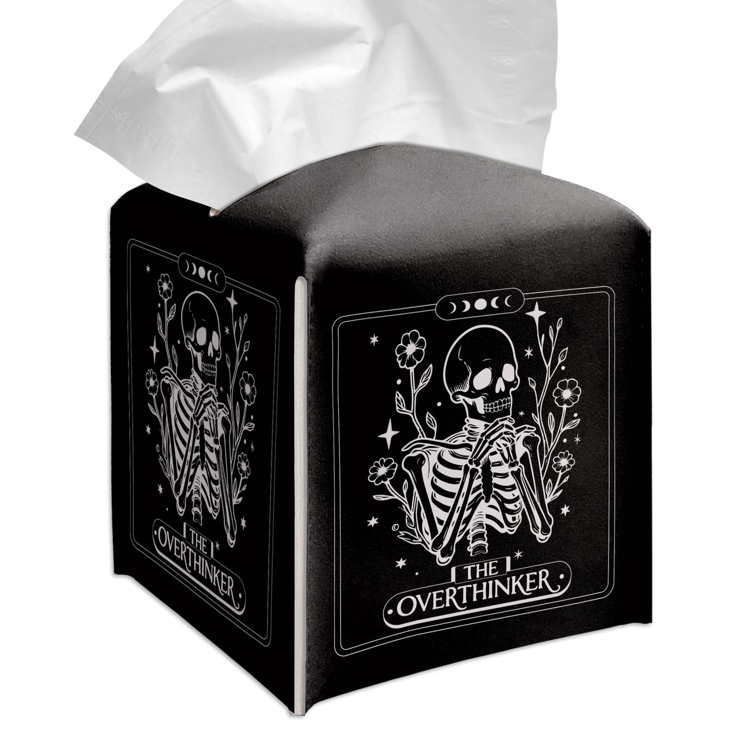 Grace Yonks Cute Tissue Box Cover Square - Gothic Skeleton “The Overthinker” Print, Funny Tarot-Inspired Design 5.2" PU Leather Holder for Vanity, Bathroom Counter - Cube Case for Facial Tissues(024)
