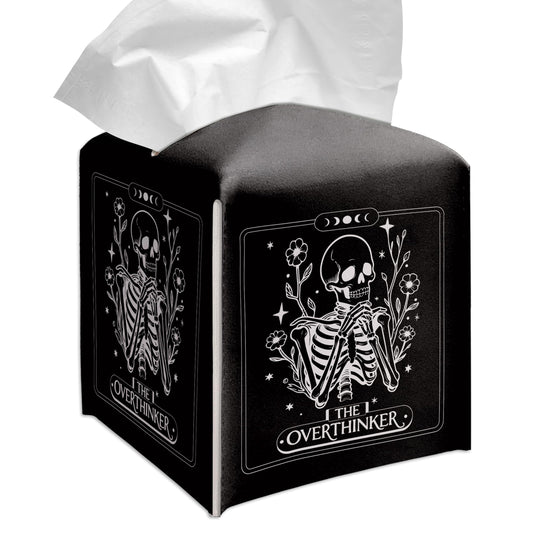 Grace Yonks Cute Tissue Box Cover Square - Gothic Skeleton “The Overthinker” Print, Funny Tarot-Inspired Design 5.2" PU Leather Holder for Vanity, Bathroom Counter - Cube Case for Facial Tissues(024)