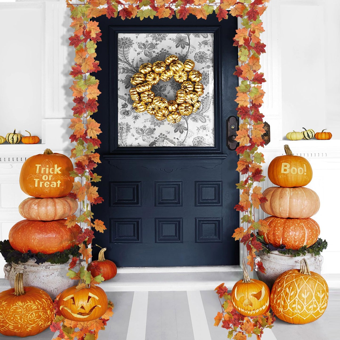 Mizii 2 Strands Artificial Maples Vines Garland 79" Fake Vine Silk Maple Leaves Faux Hanging Fall Garland for Fall Decor Thanksgiving Porch Mantle Fireplace Farmhouse Harvest Decorations (Maple)