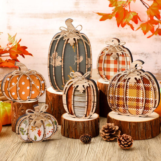 Leinuosen 6 Pcs Fall Pumpkin Decor Fall Decor for Home Pumpkin Wooden Block Sign Autumn Tiered Tray Decorations Thanksgiving Table Centerpieces Decorations for Harvest Party Home Shelf