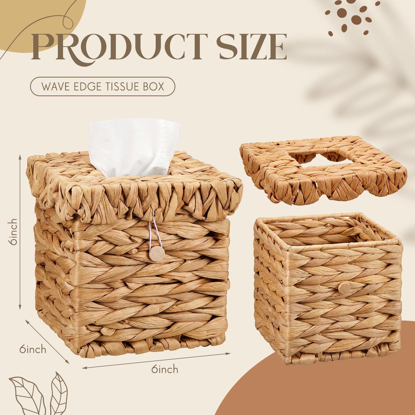BrightRow Wicker Tissue Box Cover with Scalloped Lid 6 x 6 x 6 Inch Square Rattan Tissue Box Holder with Turn Over Top for Facial Napkins Boho Decorative Boxes on Table and Bathroom