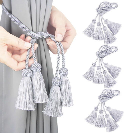 Porlau Elegant Curtain Tiebacks Rope Decorative Curtain Tie Backs for Drapes Hand Woven Window Treatment Holdbacks with Tassel, Grey 6pack