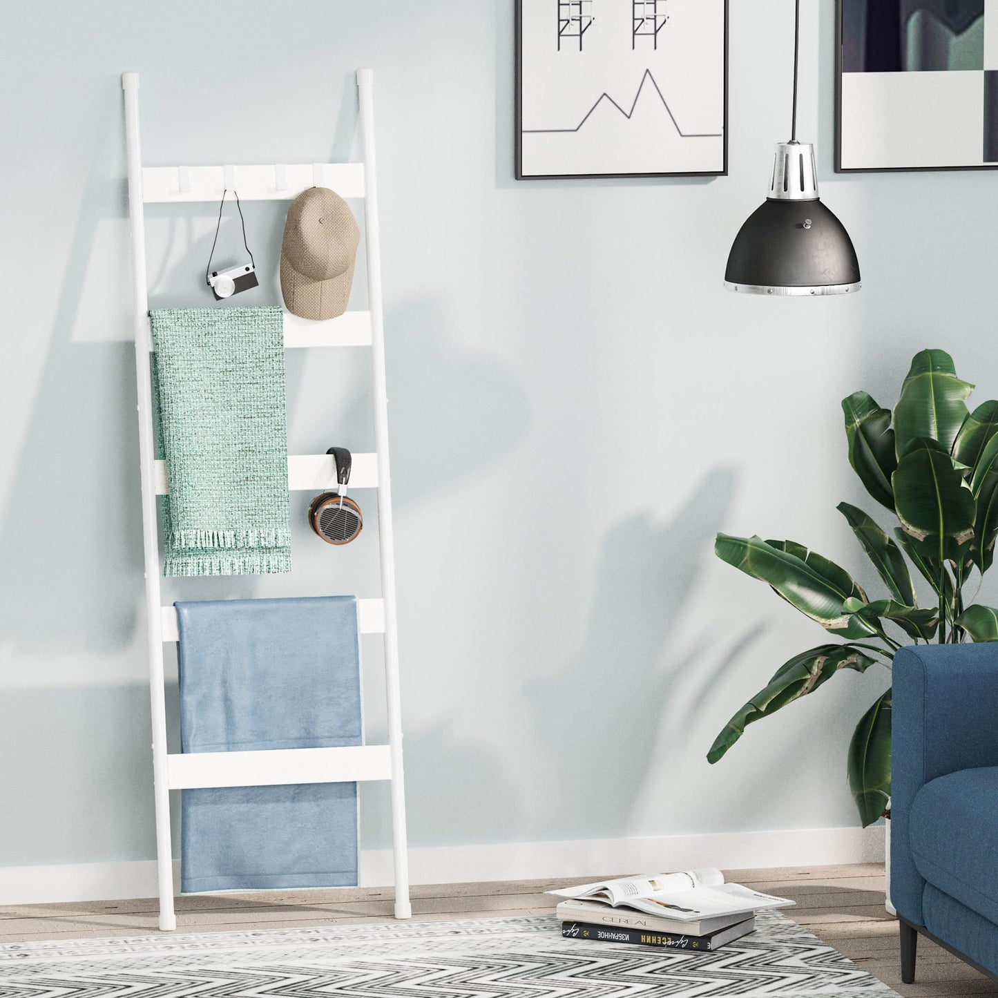 Blanket Ladder, 5-Tier Towel Holder with 4 Removable Hooks, Farmhouse Wall Leaning Decorative Rack Shelf, Wooden Towel Display Rack, Quilt Ladder for Living Room, Bedroom, White