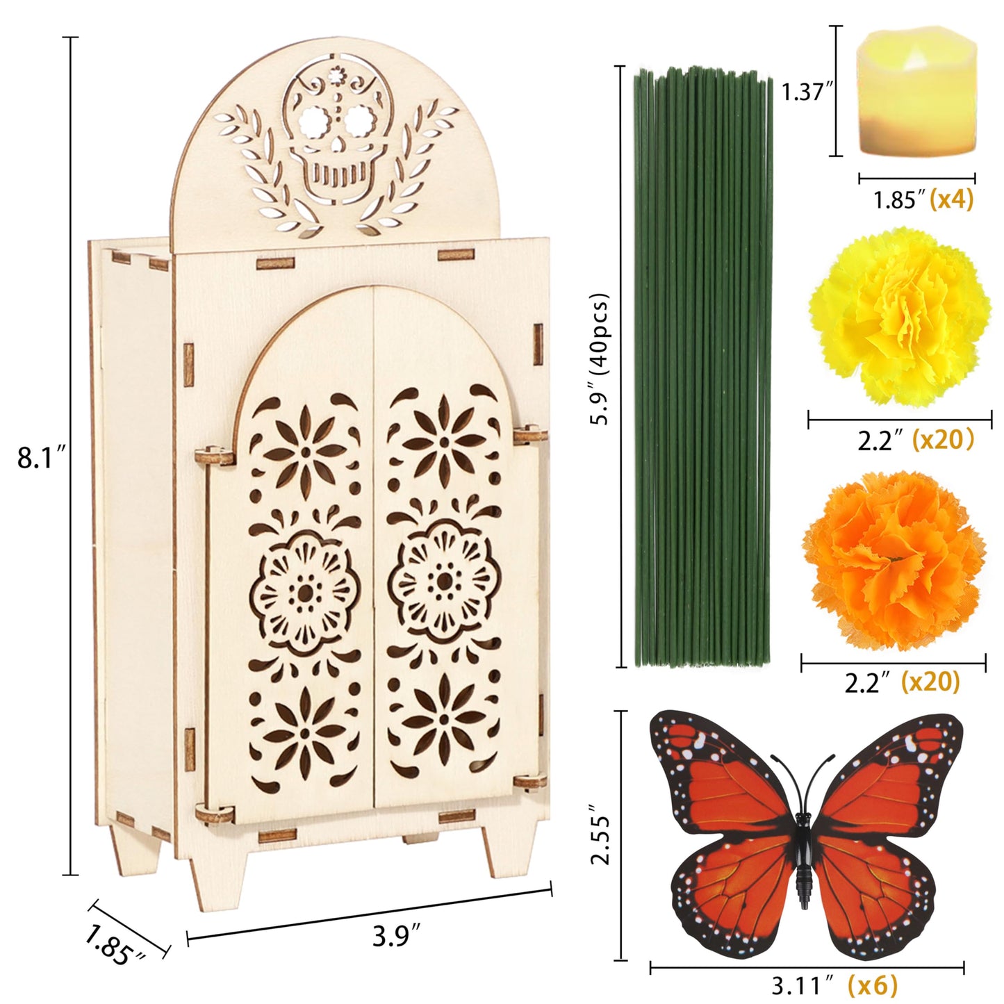 51Pcs Dia De Los Muertos Decorations Wooden Shadow Box Day of The Dead Ofrenda Altar Decor with Marigold Butterfly Candle Remembrance Supplies