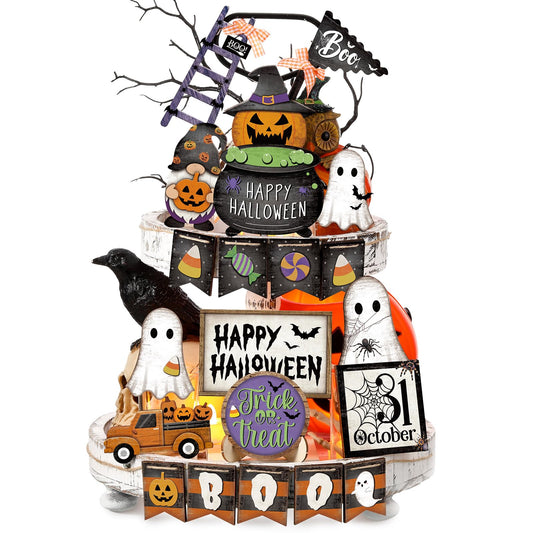 MiniInflat 1 Sets Halloween Tiered Tray Decor Set Happy Halloween Wooden Signs Rustic Table Centerpieces Farmhouse Decor for Home Table, Tray Not Included(Pumpkin,Colorful)