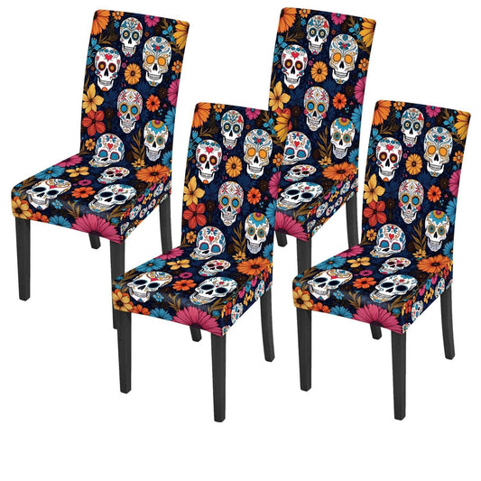 ANNA QUEEN Halloween Sugar Skull Chair Covers for Dining Room and Kitchen Set of 4 – Stretchable Floral Day of the Dead Chair Slipcovers, Festive Halloween and Holiday Décor