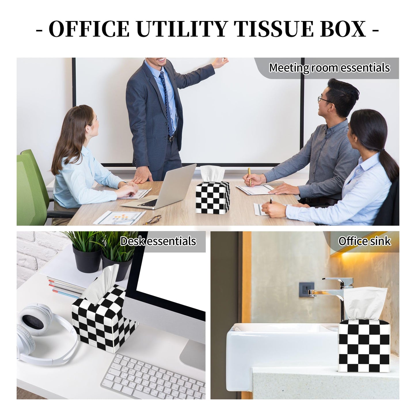 Black and White Checkerboard Tissue Box Cover Square,Square Grid Checkered Tissue Box Holder Waterproof Leather Facial Paper Organizer Dispenser for Bathroom Home Car Nightstand Vanity Desk