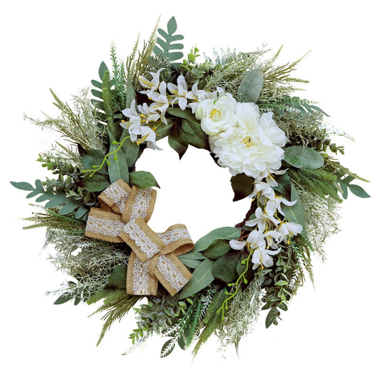 Petalivebioom 22 Inch Lace Bow Eucalyptus Front Door Wreath, Artificial Elegant Greenery Wreath, Weather Resistant Farmhouse Outdoor Indoor Porch Wall Wedding Home Decor