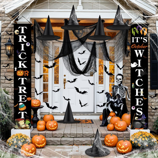 35PCS Halloween Decorations Outdoor Set Trick or Treat and It's October Witches Front Porch Door Banners Witch Hats Black Creepy Cloth 3D Bats Wall Stickers for Halloween Holiday Outdoor Indoor Decor