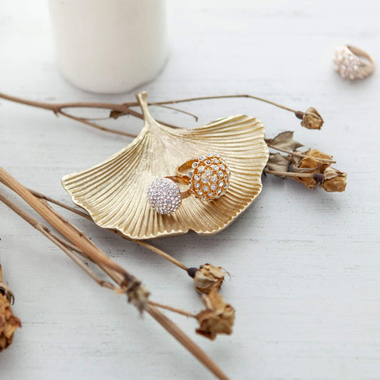 NIKKY HOME Gold Jewelry Tray Ginkgo Leaf Trinket Dish Vintage Ring Holder Bowl for Bracelet Earring Necklace Organizer Decorative Metal Pewter Display Plate Handmade Gift for Women Girl, Gold