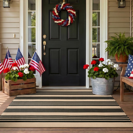 Tiveney Farmhouse 3x5 Outdoor Rug, Black and Khaki Striped Rugs Washable, Cotton Woven Reversible Front Porch Rug, Layered Doormats Carpet for Entryway Outdoor Entrance Front Door Porch Patio Decor