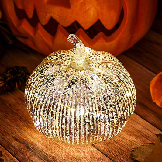 hvfun Mercury Glass Light Up Pumpkin with Timer, Fall Decoration for Home, Silver Halloween Festive Decor Lamp