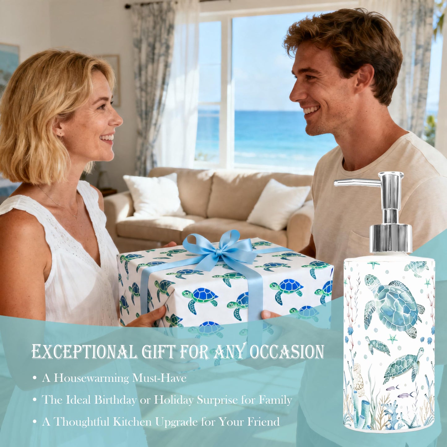 Mezeathos Coastal Turtle Soap Dispenser Glass Dispenser with Silver Pump Nautical Ocean Turtle Coral Starfish Refillable Liquid Soap Container for Summer Home Bathroom Kitchen Countertop Decor