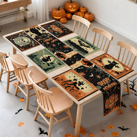 Breling 7 Pcs Halloween Placemats with Runner 12"x18" Terror Forest Gothic Bat Placemats Washable Rectangle Skull Table Mats for Halloween Kitchen Dining Table Home Accessories (Scary)