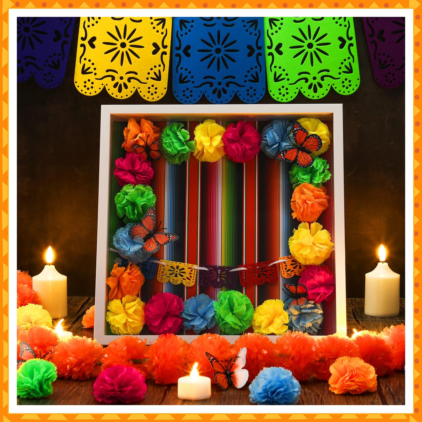 AceOrbit 41pcs Day of The Dead DIY Shadow Box Craft Set Memorial Shadow Box Accessories 6 Monarch Butterfly 30 Artificial Marigold Flowers 2 Papel Picado Banner 3 Background Paper(Colorful)