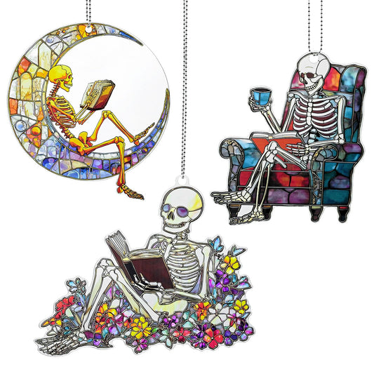 Skeleton Reading Ornament Acrylic Suncatcher Window Hanging Wall Decor for Indoor Outdoor Doors Home