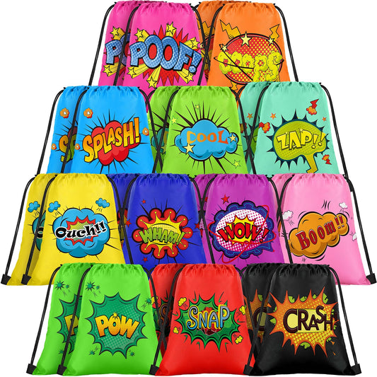 Sadnyy 24 Pcs Hero Party Favors Bags Gifts for Birthday Party Decoration Supplies Comic Heroes Drawstring Backpacks Colorful Boom Wow Pow Goody Candy Treat Gift Bag Bulk, 12 Designs