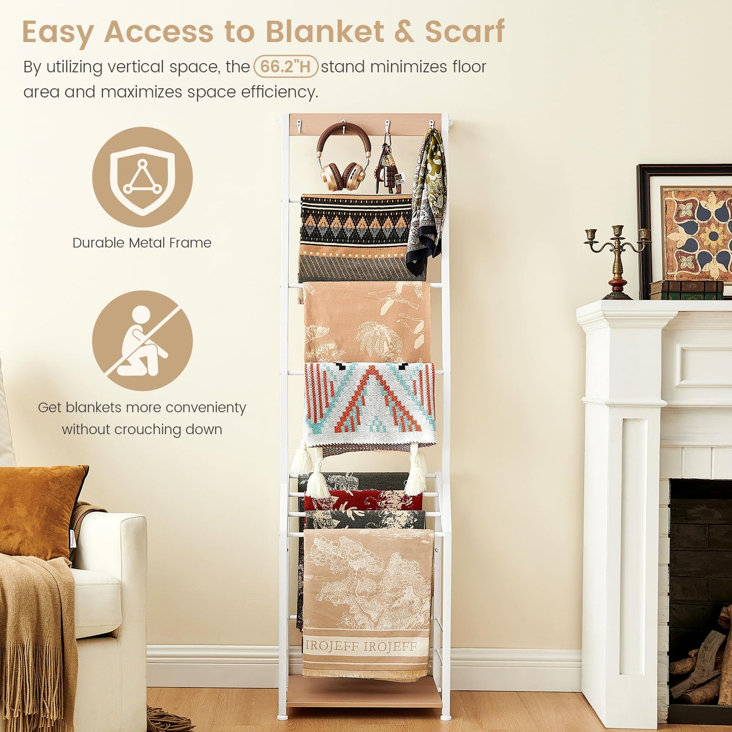 Pinzoveco Blanket Ladder, 7 Tier Blanket Ladders for The Living Room,Wooden Ladder Shelf with Hooks, 5.5ft Blanket Holder Rack Farmhouse Ladder Rack for Storage and Home Decor (White)