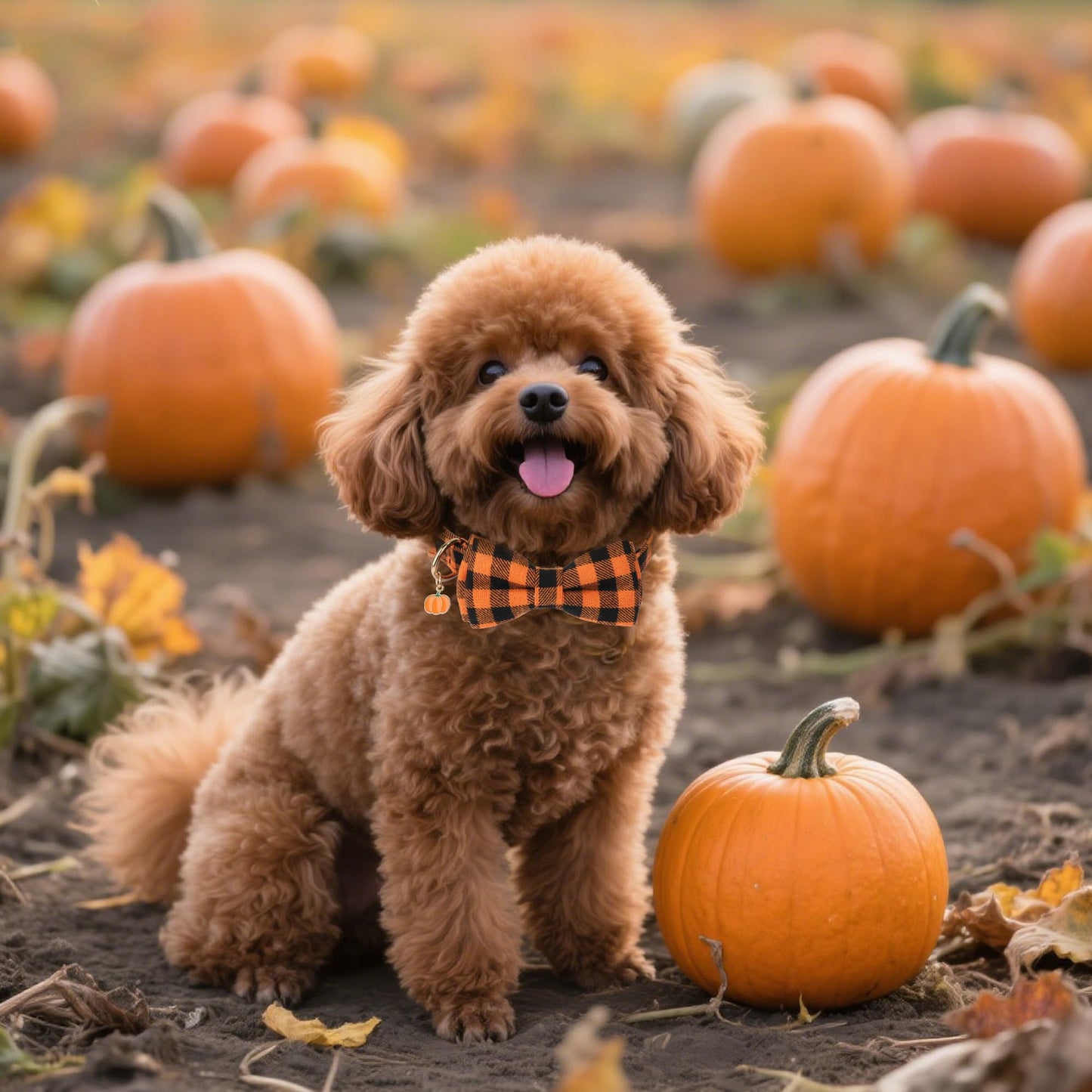 ADOGGYGO 2 Pack Fall Dog Collars with Bow, Halloween Thanksgiving Pumpkin Maple Charm, Orange Plaid Fall Collars for Small Dogs (Small)