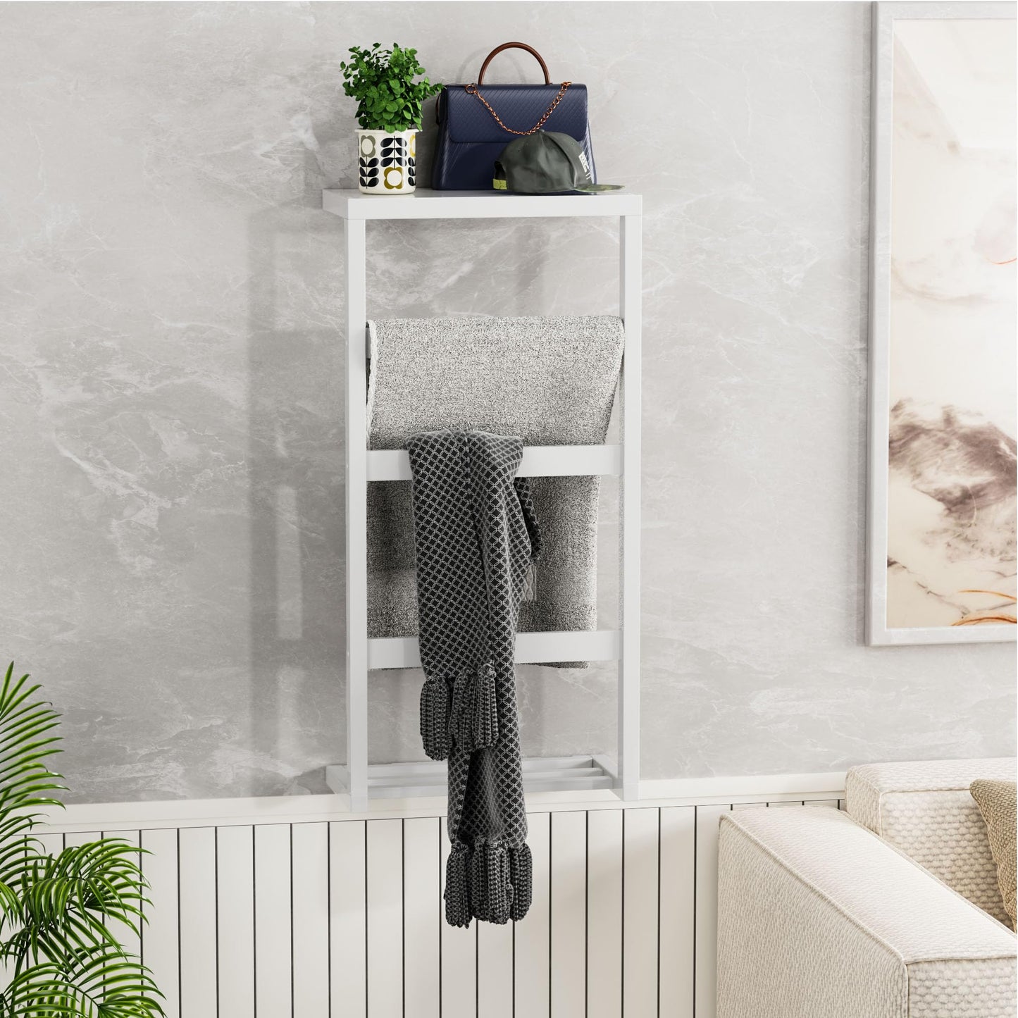 Bamboo Wall Blanket Ladder, 4-Tier Towel Racks, Bamboo Bath Towel Racks for Bathroom Wall Mounted, Decorative Blanket, Quilt, Towel, Scarf Ladder Shelves for Bathroom, Living Room, Bedroom，White