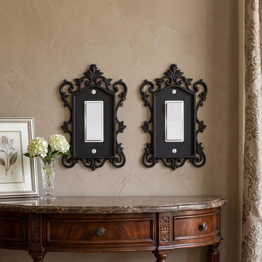 BrightRow 2 Pcs Gothic Light Switch Cover Black Outlet Covers Wall Plate Victorian Vintage Home Decor 3D Printing Baroque Rococo Design Plug Plate Electric Wall Art (Single Rocker 1)