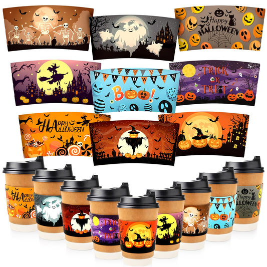 NOVWANG Halloween Cup Sleeves 54Pcs 9 Designs for 12oz 16oz Hot Cold Cups