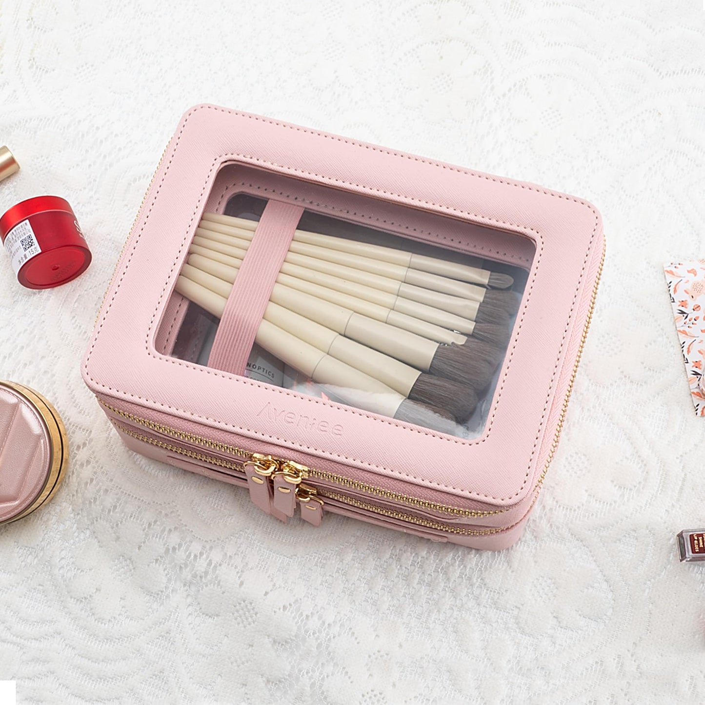 Aveniee XL Clear Makeup Organizer,Double Layer Travel Cosmetic Case with Brush Holder & Zippered Compartments, Large Toiletry Bag Train Case for Women.2 Layers, Pink