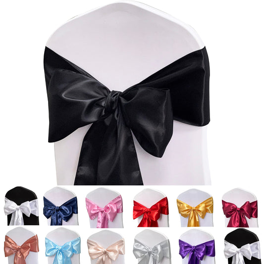 Maiangel Satin Chair Sashes Bows-12PCS Chair Ribbon Ties Back Sash for Wedding Party Events Banquet Chair Cover Decoration (Black)