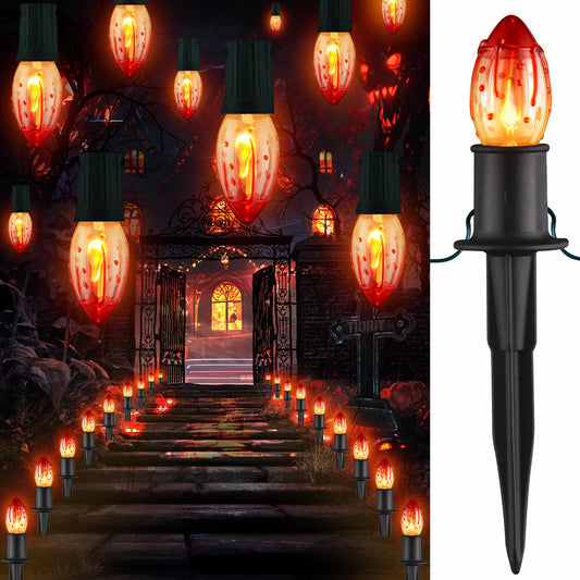 TIORIY 24.2ft Halloween Flame String Lights, 20 Lights Halloween Decoration Waterproof Flickering Flame Lights, C9 String Pathway Lights with Stakes for Indoor or Outdoor Decor, Party